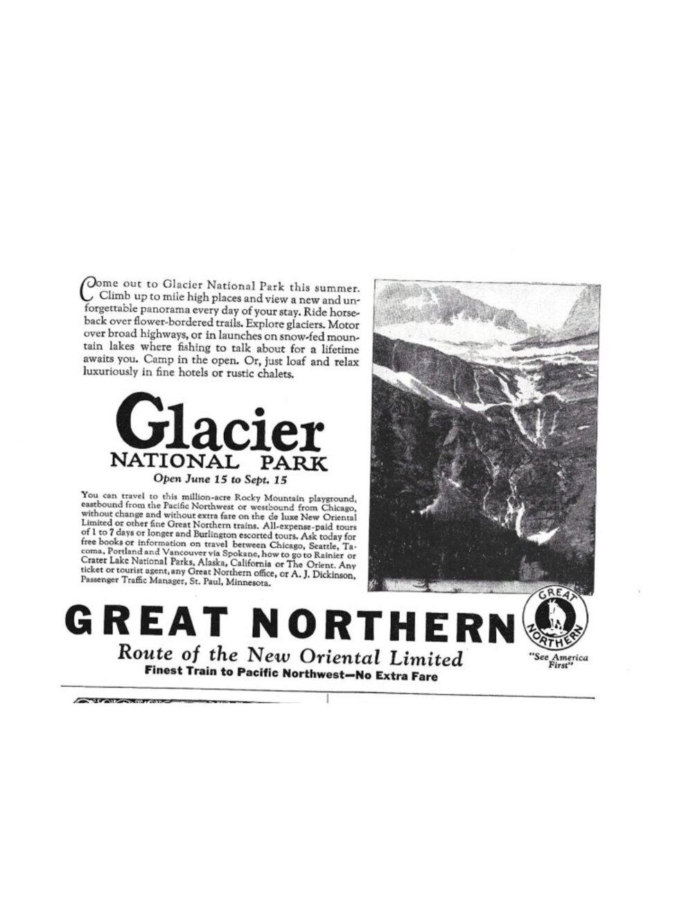 Print Ad Glacier National Park Northern Railroad 1920s Summer Travel Vintage
